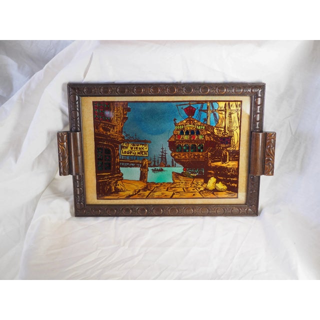Impressive large decorative tray with french pirate / old boats scenery, églomisé technic with painted windows that give a...