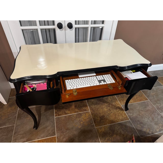 Celerie Kemble Celerie Kemble for Henredon Black Lacquer Desk With Cream Leather Top For Sale - Image 4 of 7