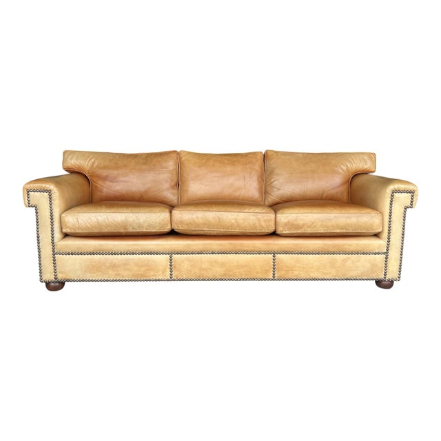 Contemporary Vintage English Leather Sofa Tan Color Nail Head Trim Feather Down Cushions For Sale - Image 3 of 18