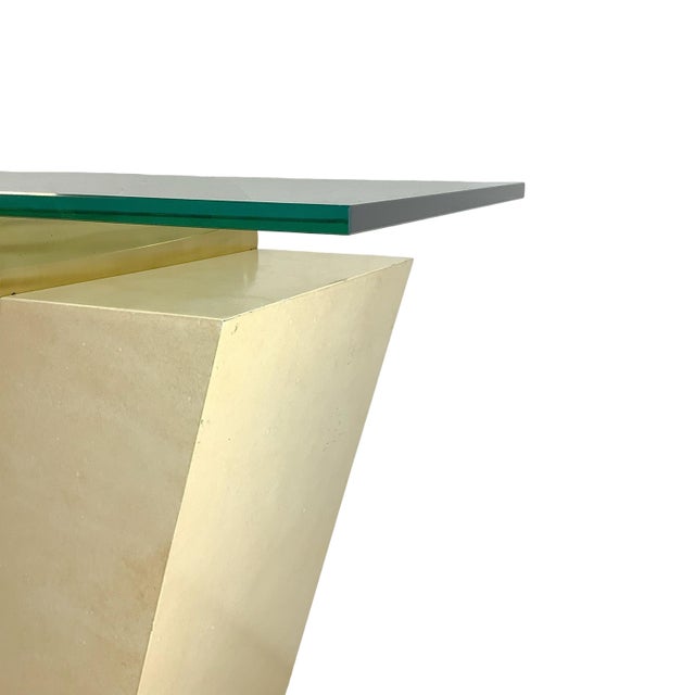 Vintage Modern Parchment-Style Console Table With Glass Top and Brass Accents For Sale - Image 9 of 18