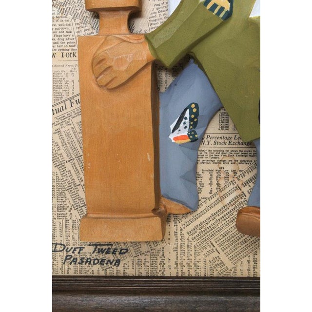 Figurative 1976 "The Emperor of Wall Street" Duff Tweed Original Wood Relief Sculpture in Frame For Sale - Image 3 of 8