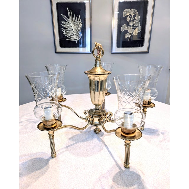 This gorgeous solid cast & gilded brass French Argand-styled chandelier has 5-lights, accented with cut & etched clear...