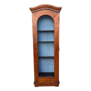 Antique Tall Wood Wall-Hanging Display Cabinet With Arched Wire Mesh Door For Sale