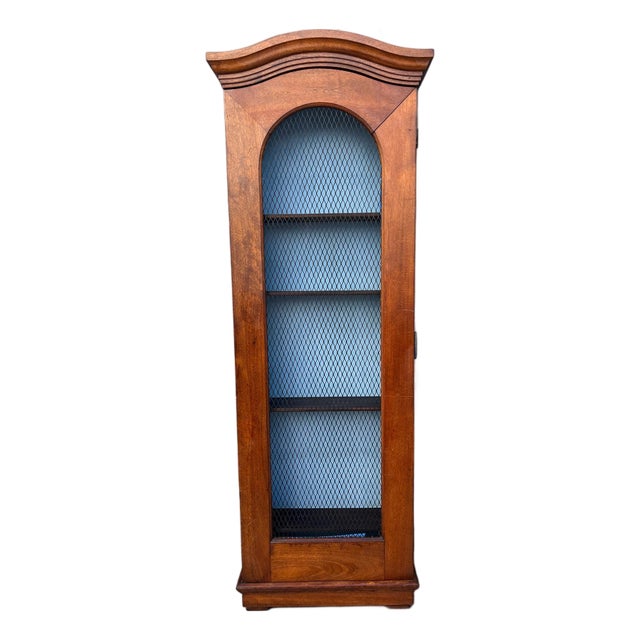 Antique Tall Wood Wall-Hanging Display Cabinet With Arched Wire Mesh Door For Sale