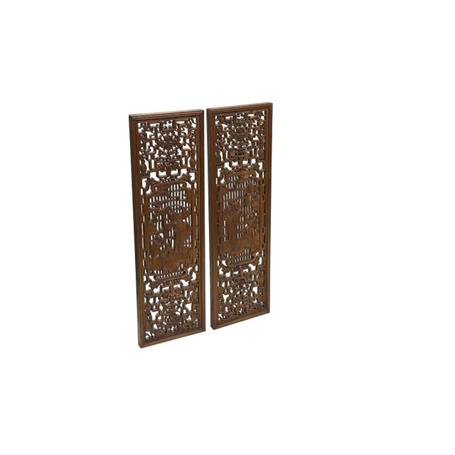 Wood Pair Vintage Oriental Brown Figural Motif Rectangular Wood Panels For Sale - Image 7 of 8