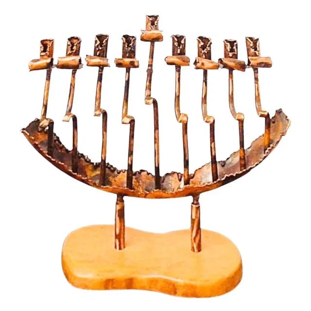 Rare, X-Large, Vintage, Brutalist, Torch Cut, Hand Forged, Large Copper Menorah by Israeli artist Rami Zamir. Menorah is...