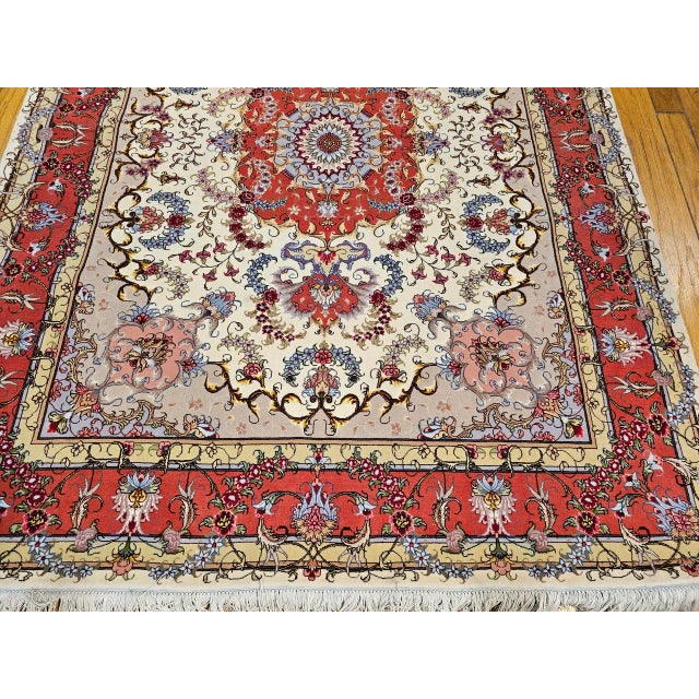 Vintage Persian Tabriz Area Rug, Hand-Knotted Wool & Silk, Floral Pattern, Ivory & Salmon, 5x7 For Sale - Image 11 of 16