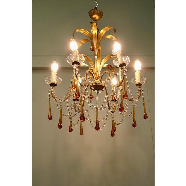 French Gilt Tolewear Chandelier with Amber Crystal Teardrops, 1910 For Sale - Image 3 of 9