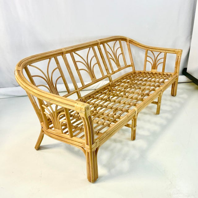 Tan 1970s Vintage Coastal Boho Chic Hollywood Regency Ficks Reed Bamboo & Rattan Sofa For Sale - Image 8 of 18
