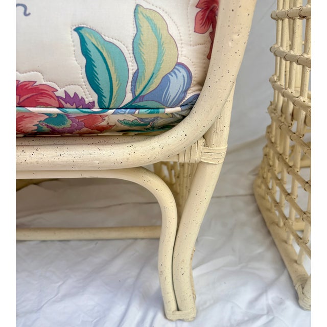 1980's Rattan Lattice Barrel Lounge Chairs With Chinoiserie Cushions in the Style of Ficks Reed a Pair For Sale - Image 13 of 16