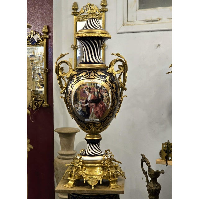 Metal Baroque-Style Black Porcelain Vase With Marble Pedestal & Gold Leaf Details For Sale - Image 7 of 8