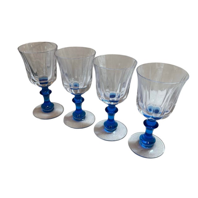 20th Century Tiffin Crystal Wine Glasses With Cobalt Stems - A Set of 4. These crystal wine glasses with distinctive blue...