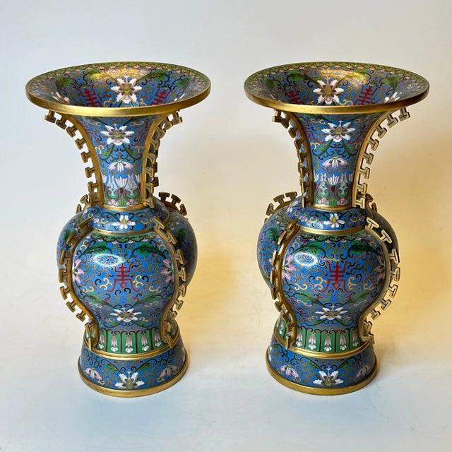 Asian Antique Chinese Blue Cloisonne Vases - A Pair For Sale - Image 3 of 12