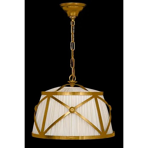Aspire Nino - Pleated linen drum shade fixture, cast brass crosshatched frame with medallion detail. Diffuser optional.
