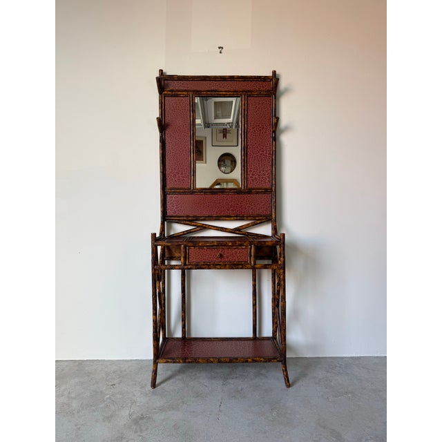 1990s Vintage Maitland-Smith English Style Burnt Bamboo Hall Tree / Coat Rack With Mirror For Sale - Image 5 of 12