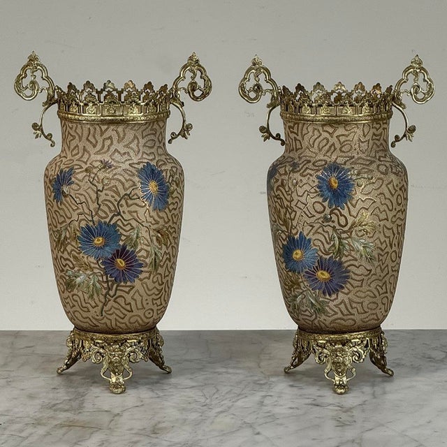 Pair of 19th Century French Gilt Bronze Mounted Hand-Painted Porcelain Vases by Royal Bonn For Sale In Dallas - Image 6 of 18