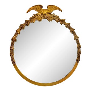 Early 20th Century American Round Gilt Wood Mirror, Federal Eagle Crest & Carved Wreath, 29.5"h For Sale
