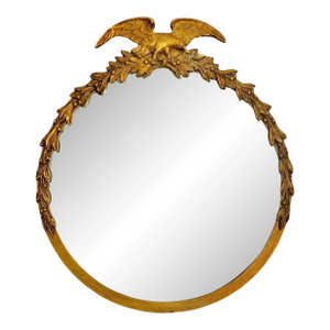Early 20th Century Mirror Vintage Round Gilt Wood Frame With Federal Eagle on Top and Carved Wreath
