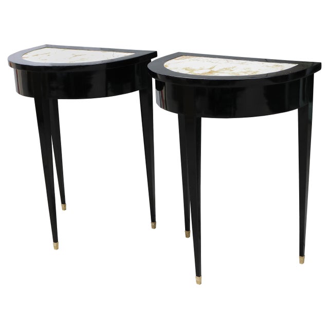 Stone 19th Century Pair of Ebonized Neoclassical Demi Lune Marble Top Consoles For Sale - Image 7 of 9