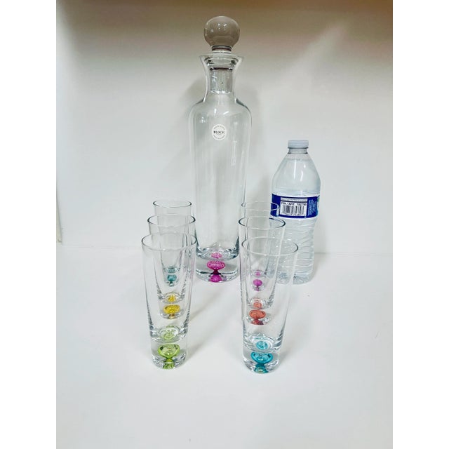 1980s Vintage Mouth Blown Crystal Multi-Colored Weighted Bottoms Decanter and 6 Cordial Glasses Barware Set For Sale - Image 5 of 10