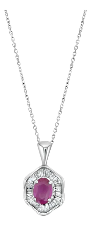 Oval Ruby & Diamond Baguette Pendant 1.20cttw 14k White Gold 16"
