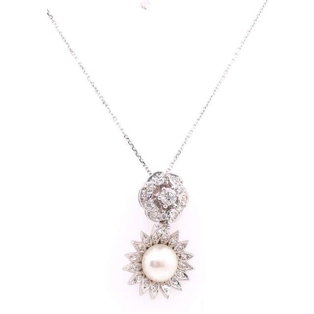 Metal 14 Karat White Gold Necklace With Diamond and Cultured Pearl Pendant For Sale - Image 7 of 7