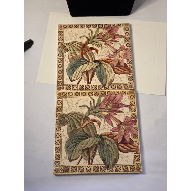 English Pair of Antique English Botanical Tiles For Sale - Image 3 of 14