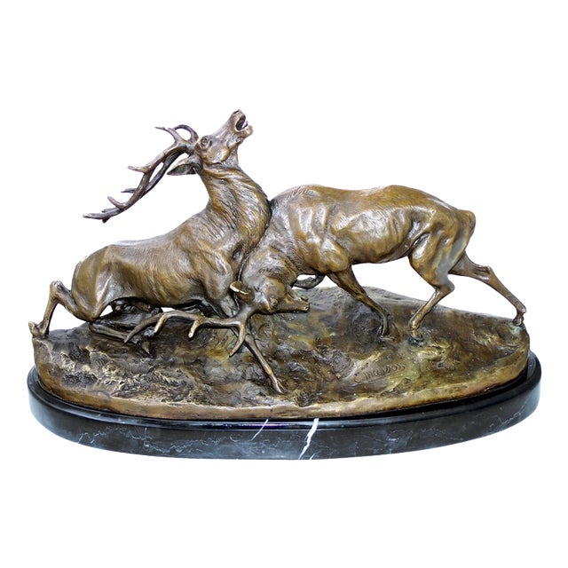 20th Century Bronze Fighting Stags Sculpture on Marble Base For Sale