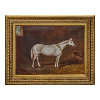 Antique English Oil Painting of a White Horse in Giltwood Frame, circa 1884 For Sale