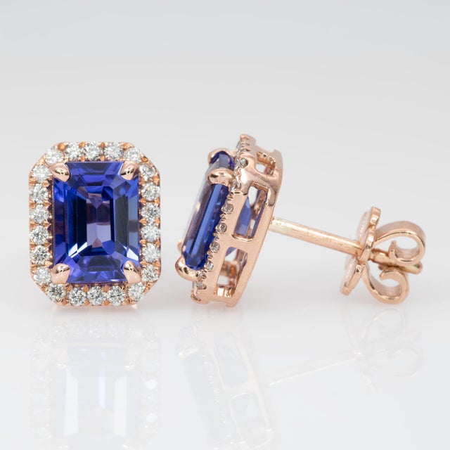 2.1Ct Aaa Tanzanite Stud Earrings & Natural Diamond Accents: Solid 14k Gold, A Pair For Sale - Image 4 of 6