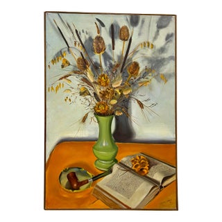 Vintage Still Life Oil Painting With Dried Flowers in a Green Vase by J. Viola C.1979 For Sale