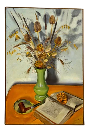 Vintage Still Life Oil Painting With Dried Flowers in a Green Vase by J. Viola C.1979