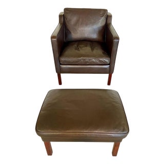 Set of Vintage Danish Brown Leather Lounge Chair and Ottoman from Stouby, 1970s For Sale