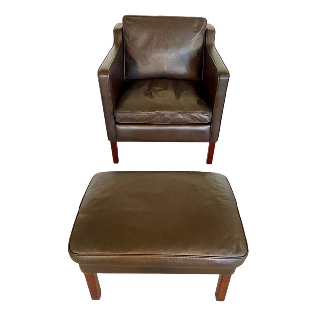 Set of Vintage Danish Brown Leather Lounge Chair and Ottoman from Stouby, 1970s For Sale