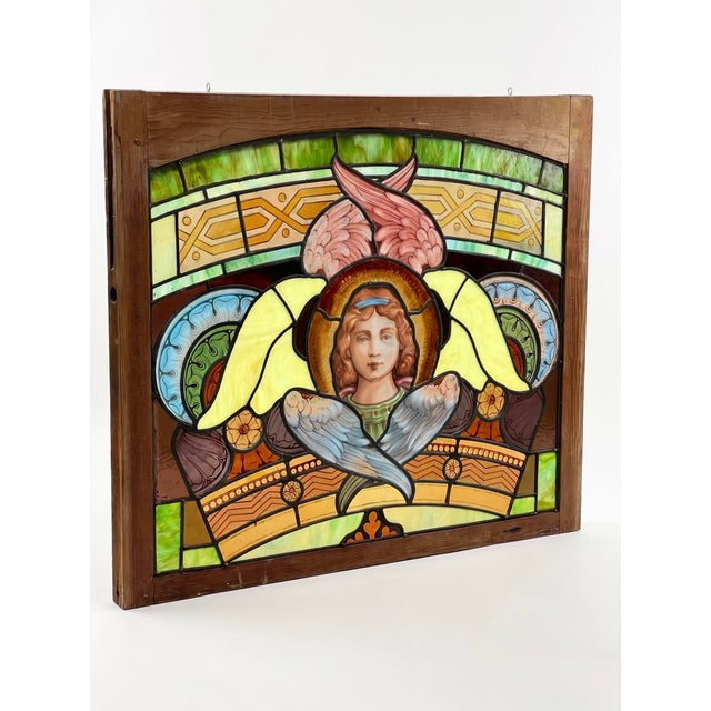 Victorian 19th Century Stained Glass Window With Painted Angel Portrait in Original Frame For Sale - Image 3 of 17