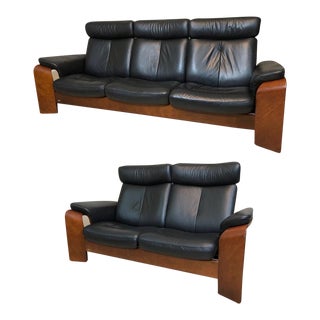 Vintage "Pegasus" Ekornes Stressless Reclining Black Leather Love Seat & Sofa. - Set of 2 For Sale