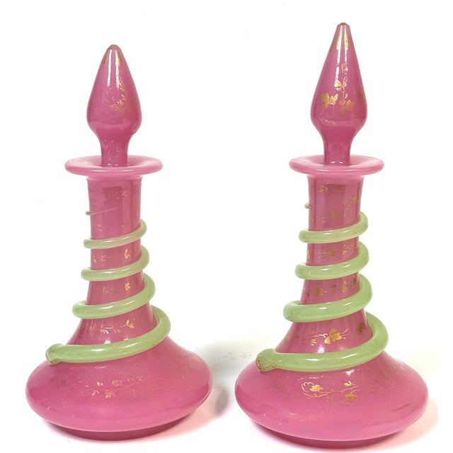 Pair French Pink Opaline Perfume Bottles with Green Serpents Attrib. Baccarat For Sale - Image 10 of 13