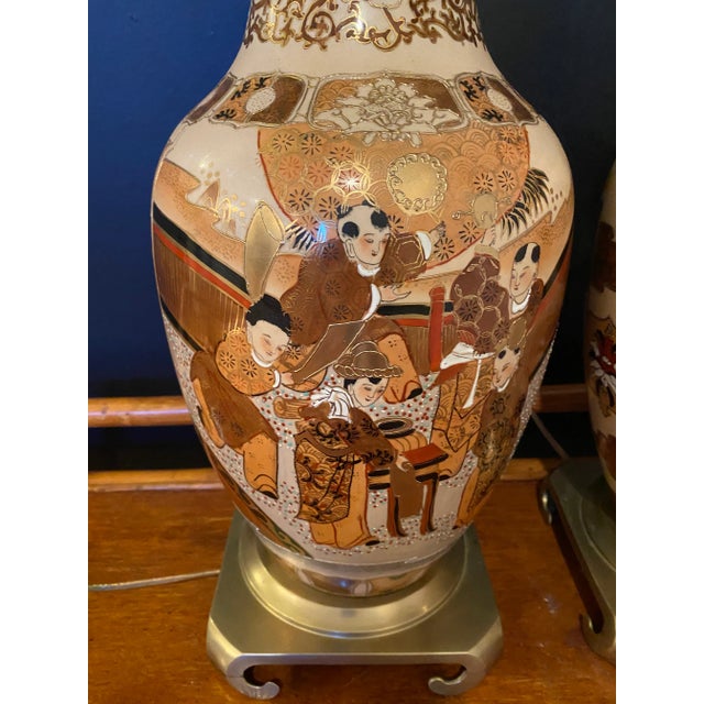 Mid 20th Century Japanese Asian Satsuma Hand Painted Vintage Lamps - A Pair For Sale - Image 5 of 11