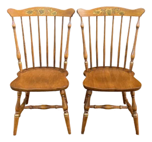 Vintage L. Hitchcock Traditional Stenciled Maple Fan Top or Comb Back Windsor Dining Chairs - A Pair