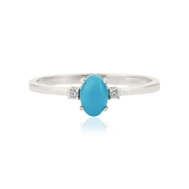 Oval Cut Turquoise & Diamond Solitaire Three Stone Ring in 14k Gold Size 6.5 For Sale - Image 4 of 13