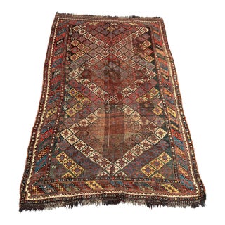 Real Antique Distressed Caucasian Tribal Rug With Diamond Lattice Design in Multicolor Geometric Pattern Rug For Sale