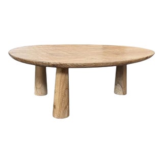 Sculptural Teak Wood Side Table — Natural Finish, Three-Leg Form For Sale