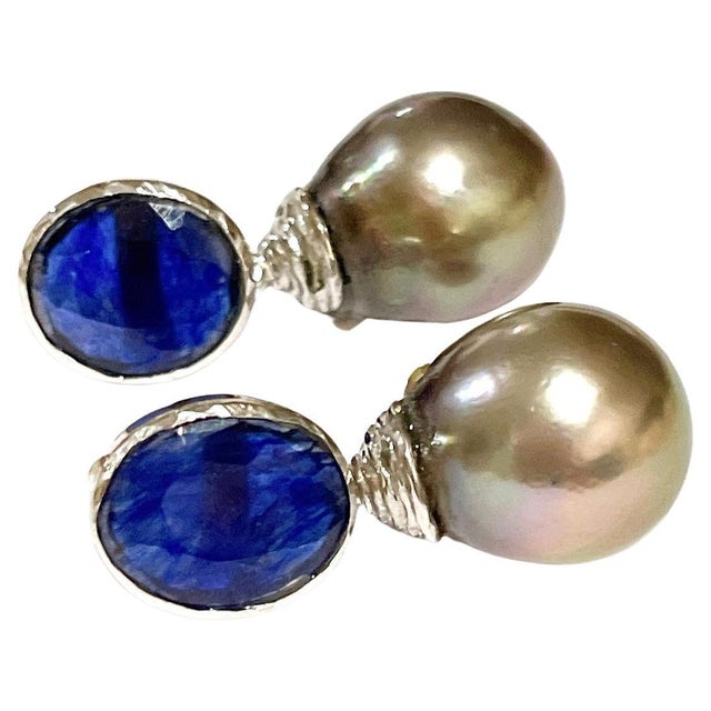 Bochic "Orient" South Sea Pearl & Blue Sapphire Earrings Set 18K Gold&Silver For Sale - Image 17 of 18