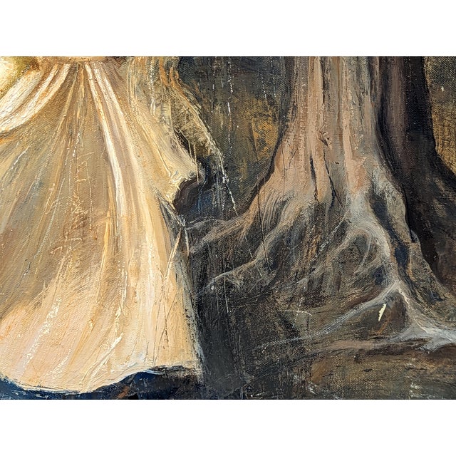 Surreal abstract painting by contemporary artist Matthew Paoletti. The work features a woman dressed in a flowing white...