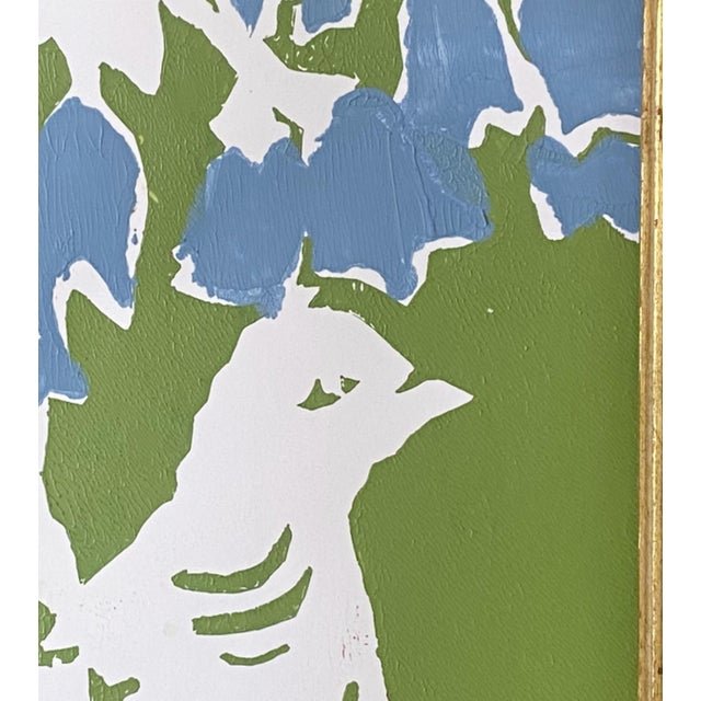 This one of a kind monoprint captures the moment in time. A tangle of blue hollyhock fall like ribbons from an unseen sky....