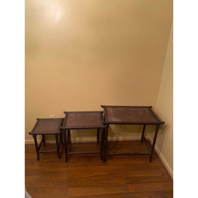 1980s Set of 3 Pagoda Style Bamboo Nesting Tables For Sale - Image 4 of 10