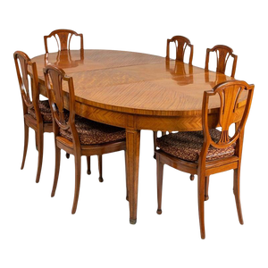 Edwardian Period English Hepplewhite-Inspired Satinwood Dining Ensemble With Oval Table and Eight Shield Back Chairs