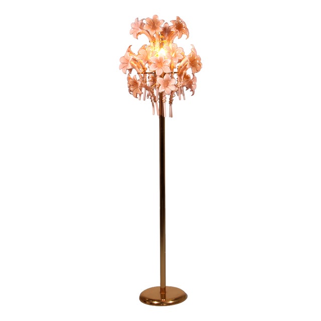 Murano Pink Lilly Floorlamp Murano Glass and Gilt Brass by Franco Luce, 1970 For Sale