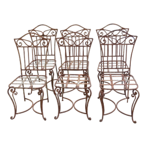 Vintage Rustic Ornate Wrought Iron Steel Outdoor Dining Chairs - Set of 6