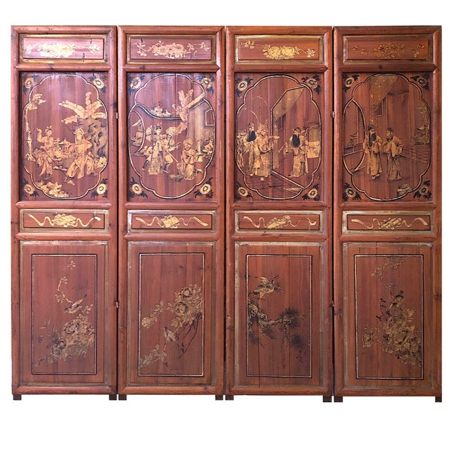 Chinese Antique Chinese Wedding Screen - Hand-Painted - Four Panels For Sale - Image 3 of 13